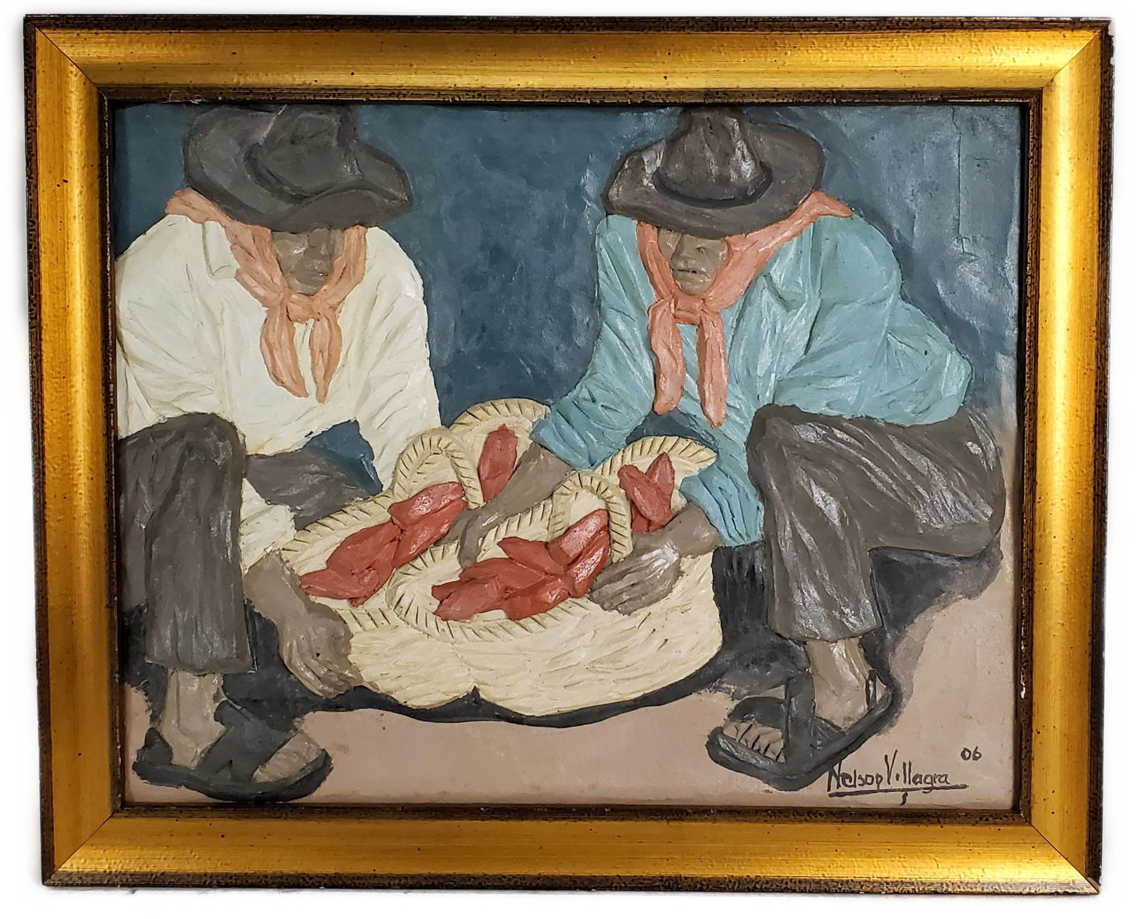 Interesting 20th Century Composition Relief Plaque of Two Male Peasants with Baskets, Signed Nelson (1 of 6)