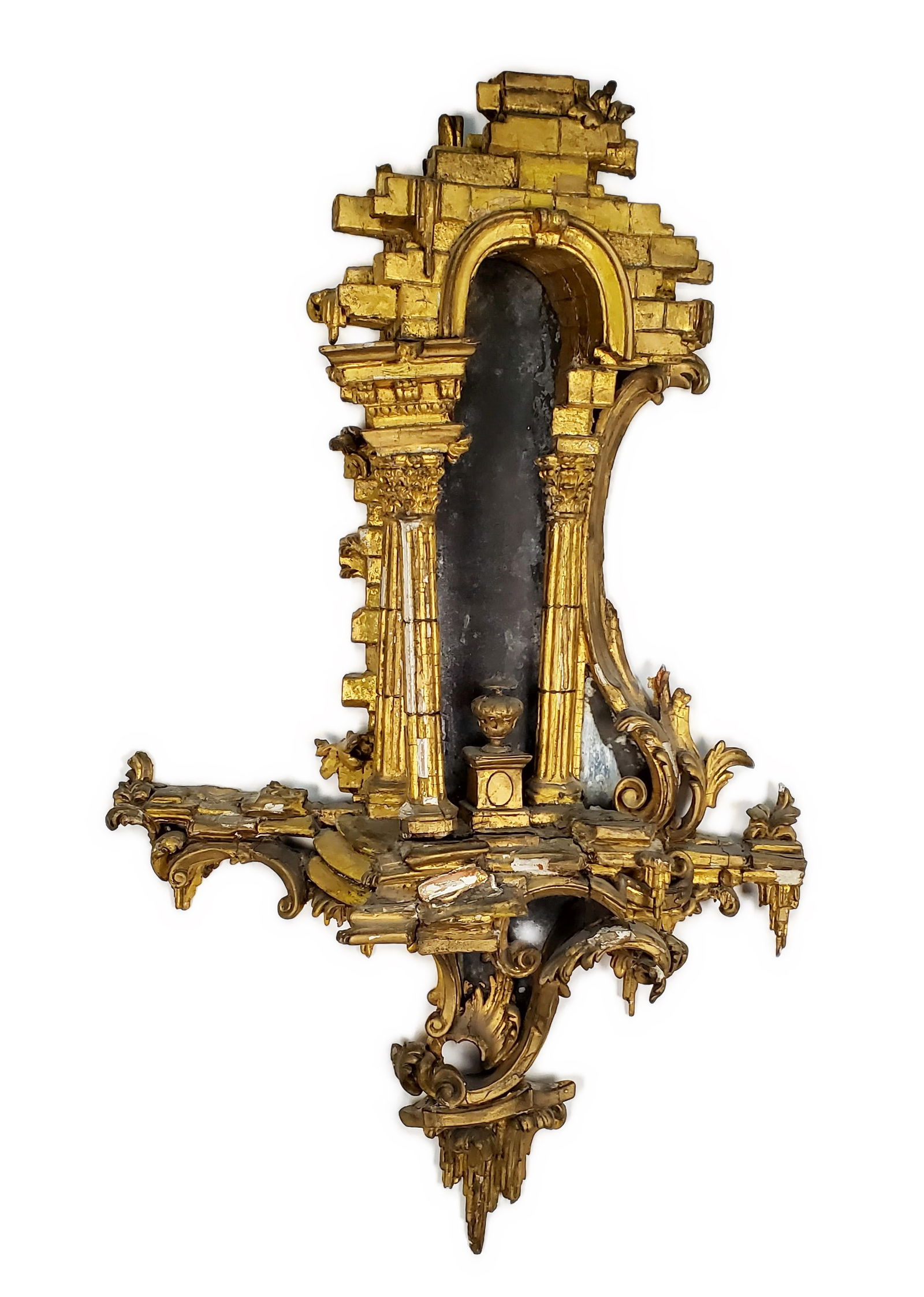 Rare English George II Carved and Gilded Mirror Wall Applique, Attributed to Thomas Chippendale: Rare English George II Carved and Gilded Mirror Wall Applique, Attributed to Thomas Chippendale (1718-1779), Circa 1760, In the Director taste and carved in the form of an architectural ruin with trip