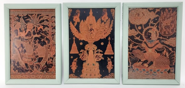 A Group of Three Southeast Asian/Burmese Lacquered and Painted Panels