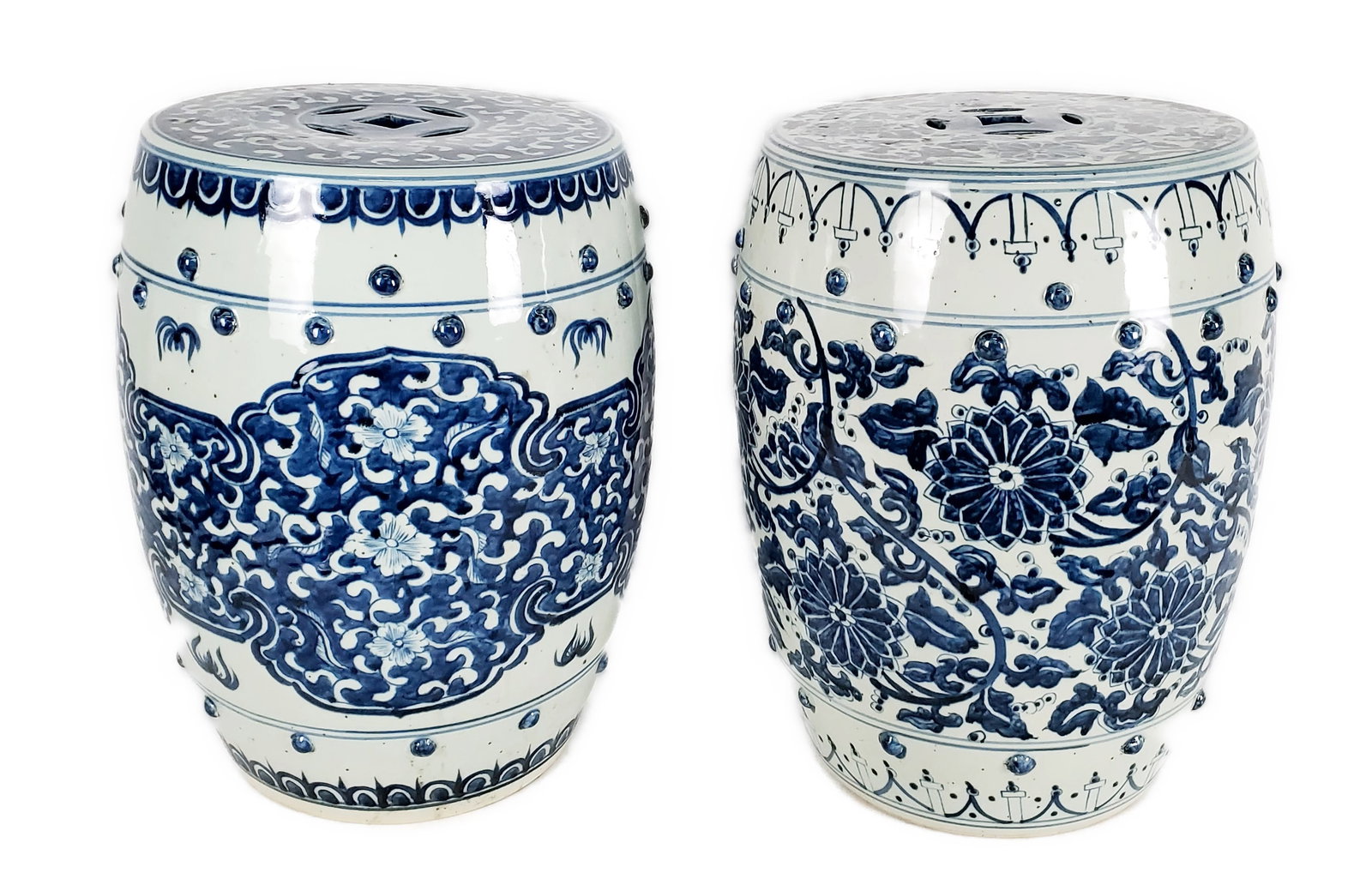 Two Chinese Blue and White Enamel Painted Porcelain Garden Seats, 20th Century,: Two Chinese Blue and White Enamel Painted Porcelain Garden Seats, 20th Century, approximately 17 1/2" h. 11 1/4" dia., in good condition, no damage or blemishes. Note: These pieces are heavy and will 