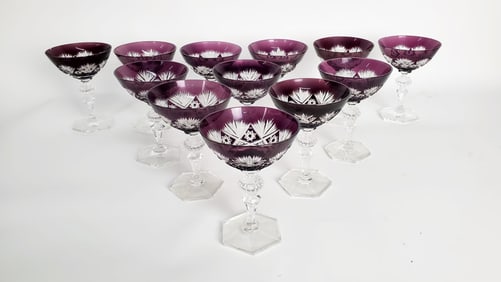 Set of 22 German Bohemian Style Amethyst Cut to Clear Wine Glasses,