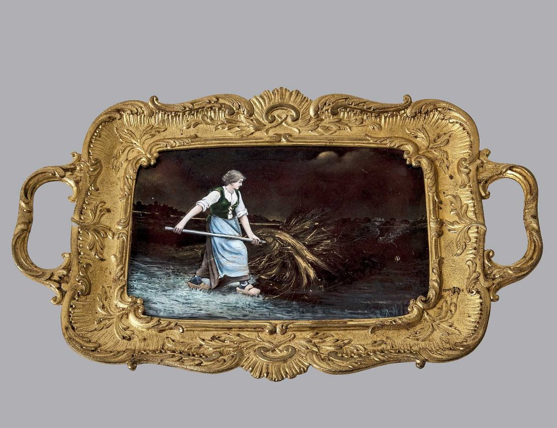 FINE LIMOGES ENAMEL AND GILT BRONZE TRAY: French. 19th Century. Decorated by Saquiros F. Dupre. Signed. Of a woman stacking hay with a pitchfork under a starry sky. Length 11 1/2". (700/900)