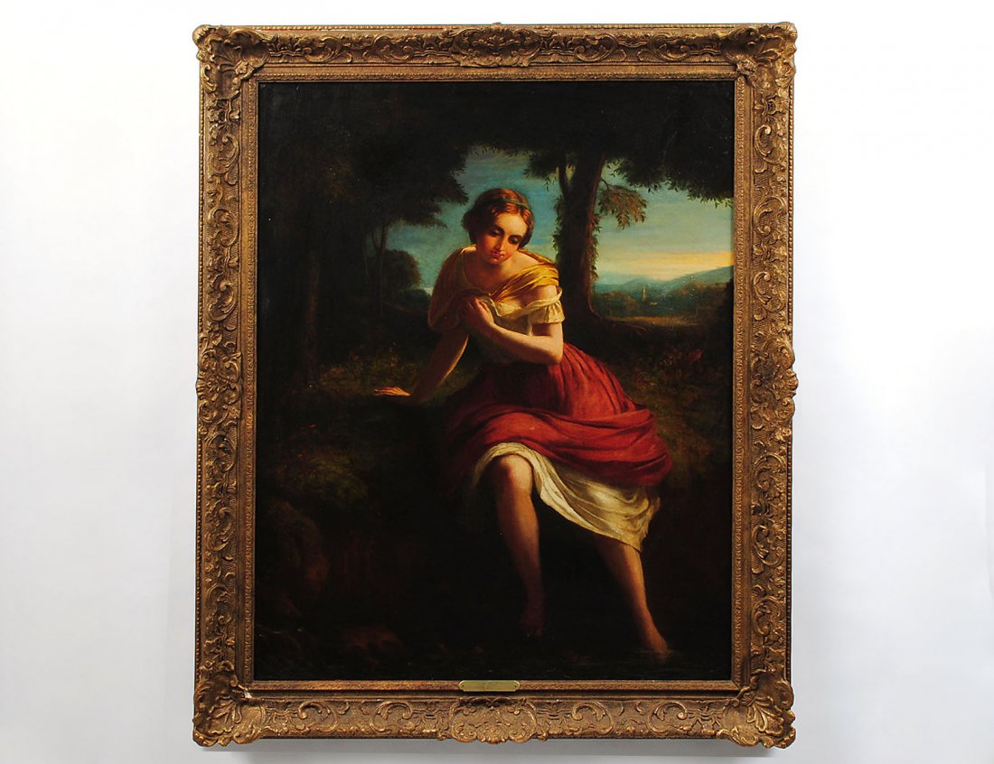 JAMES JOHN HILL (English. 1811-1882): "Maiden in a Landscape Bathing Feet". Signed J.J. Hill l/l. Oil on Canvas. Measuring 36 1/2" by 28 1/4". Framed with nameplate. (Cond: canvas relined, has in-painting, high gloss varnish, some crazing