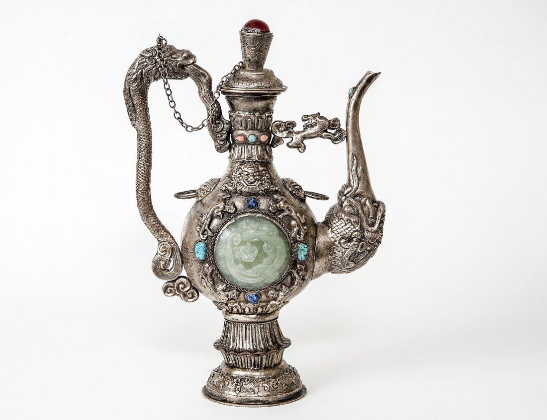 SILVERED METAL EWER: Mongolian. Mounted with jade, lapis lazuli and turquoise. Height 11 1/4". (300/400)