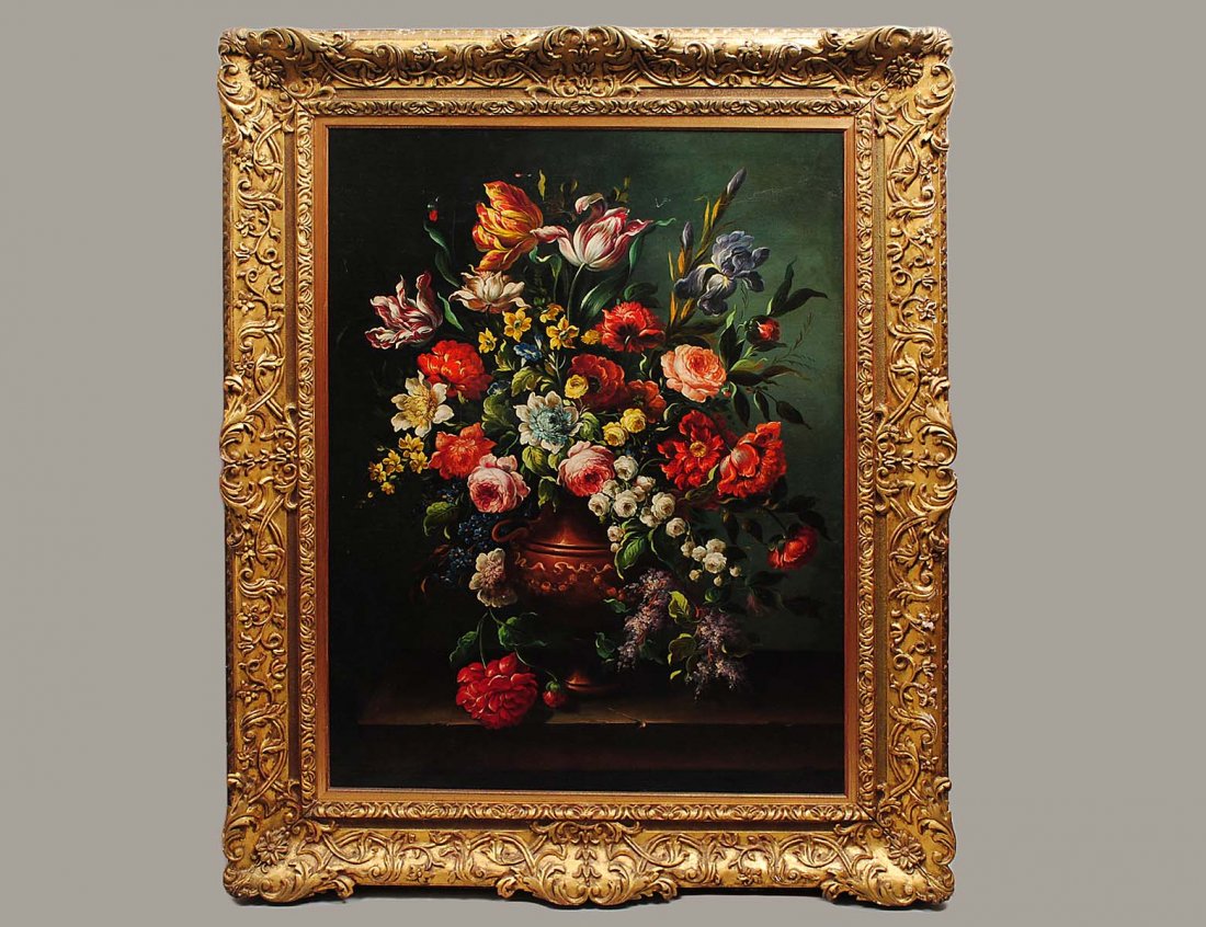 CONTINENTAL SCHOOL (Late 19th/Early 20th Century): "Exotic Floral Still Life". No visible signature. Oil on Canvas. Measuring 40 1/2" by 30 1/2". Cast and carved rococo style exhibition frame with some minor nicks and losses. (Cond: has an old relinin