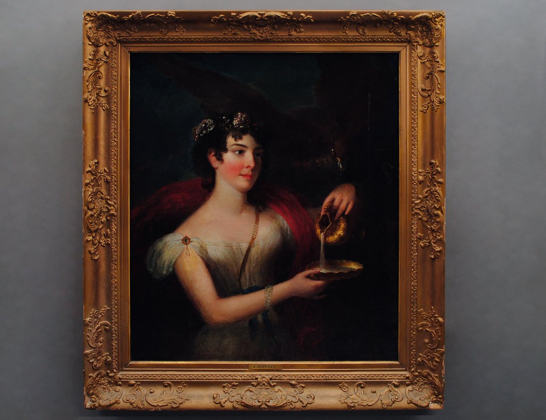 MANNER OF SIR JOHN HOPPNER (English. 1758-1810): "Portrait of a Lady with Ewer and Bird". Unsigned. Oil on Canvas. Measuring 37 1/4" by 31". Period gesso cast exhibition frame with nameplate. (Cond: old relining, surface crazed, inpainting with old 