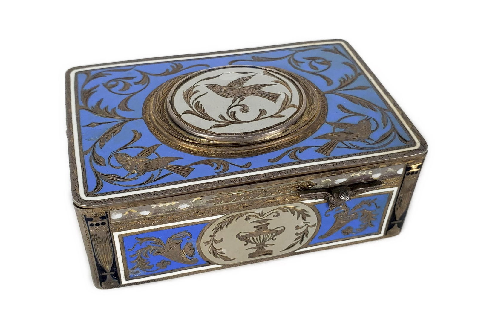 German Sterling Silver and Enamel Automaton Musical Bird Box, 20th Century, underside marked