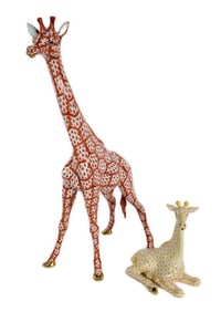 Two Herend Porcelain Fishnet Giraffes, one very tall-15" h. and 6" h., both marked underside, good