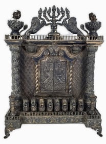 German or Polish19th Century Judaica Silver Menorah, 16 3/4" h. 12 1/2" w. 4 1/4" d., the doors