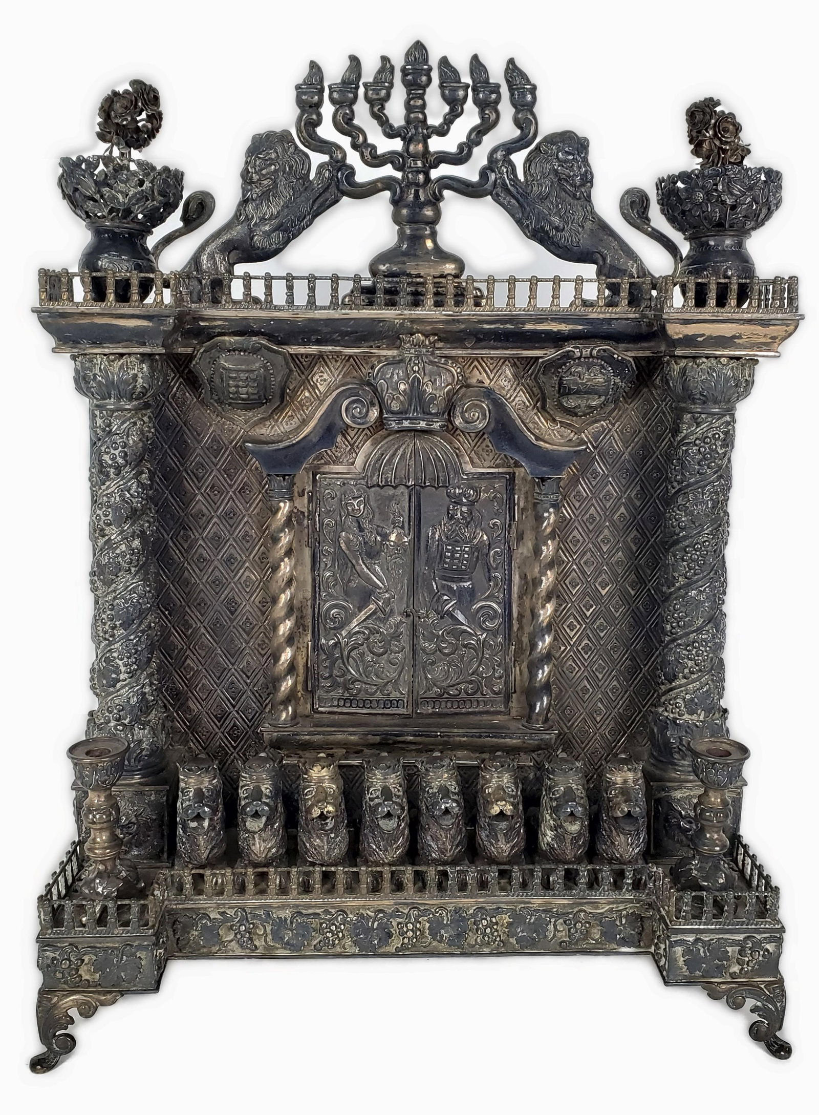 German or Polish19th Century Judaica Silver Menorah, 16 3/4" h. 12 1/2" w. 4 1/4" d., the doors (1 of 9)