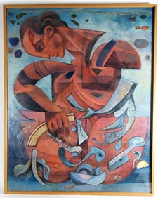 A 20th Century Mixed Media on Canvas, Cubist Composition with Figure, Signed L. Johnson upper right,