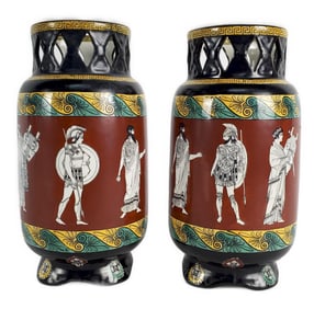 Pair of Antique English Neo-Grec J. Foley Artware Pottery Vases, marked underside, 10 1/4" h.