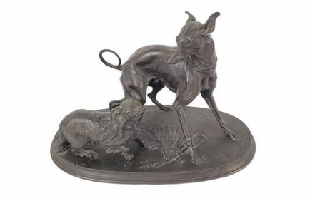Pierre Jules Mene (French, 1810-1879) Patinated Bronze Sculpture of Greyhound Whippet and King