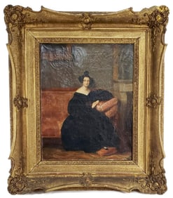 European School (19th Century) Interior with a Portrait of a Seated Lady in Black, circa 1840-60,