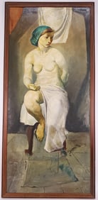 Large Early 20th Century Oil on Board Painting, Seated Female Nude Model, No visible signature, 63"