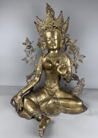 Large Gilded Bronze statue of Green Tara, Early 20th Century Gilded Bronze Green Tara from Tibet and