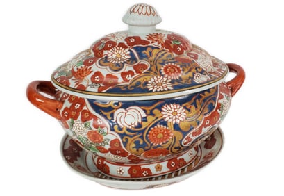 Japanese Imari Pattern Porcelain Lidded Tureen and Undertray, marked underside, 11" h. 15" w. 10 d.