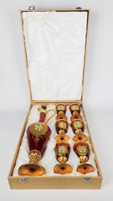 Vintage Ruby Glass and Enameled Liquor Set in Presentation Box, Decanter-18 3/4" h. Glasses-4 3/4"