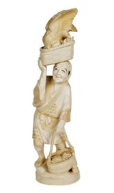 Japanese Okimono Carving of a Chicken Vendor, Early 20th Century, underside with chop mark, 11 1/8"