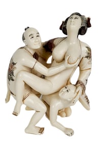 Japanese Erotic Carving, Early 20th Century, marked, 3 1/2" h. 2 1/2" w. 1 3/4" d.