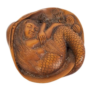 Japanese Mermaid in Shell Boxwood Carved Netsuke, Signed, 2 1/4" x 1 3/4"