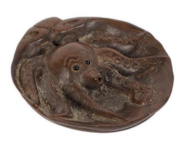 Japanese Carved Hardwood Octopus Netsuke, 20th Century, carved with fine detail to tentacles and