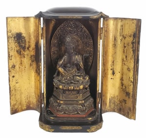 Antique Japanese Meiji Zushi Shrine Wood and Lacquered Traveling Altar, 11 1/2" h. 6 1/2" w. 5 1/4"