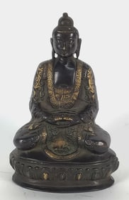 Southeast Asian Tibetan Shakymuni Buddha Bronze Patinated Sculpture, 7 3/4" h. 5" w. 3" d.
