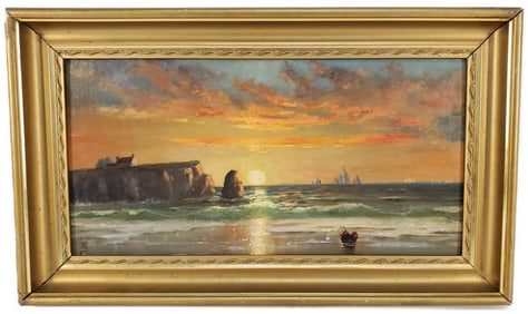 Manner of Alfred Thompson Bricher (American, 1837-1908) Sunset Coastal Seascape with Ships in the