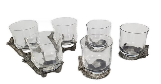 Six Frankli Wild by Royal Selangor Pewter and Glass Animal Drinking Glasses, 20th Century, to