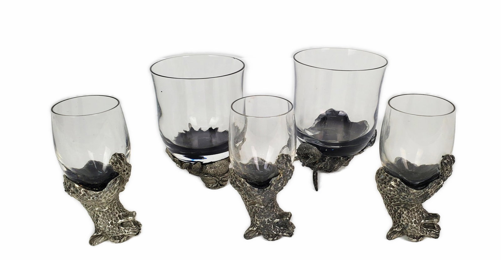 Five Frankli Wild by Royal Selangor Pewter and Glass Animal Drinking Glasses, 20th Century, to: Five Frankli Wild by Royal Selangor Pewter and Glass Animal Drinking Glasses, 20th Century, to include: Three Lion Liquor Glasses and Two Whiskey Glasses, One Lion and One Elephant, marked, 4 1/4" h.