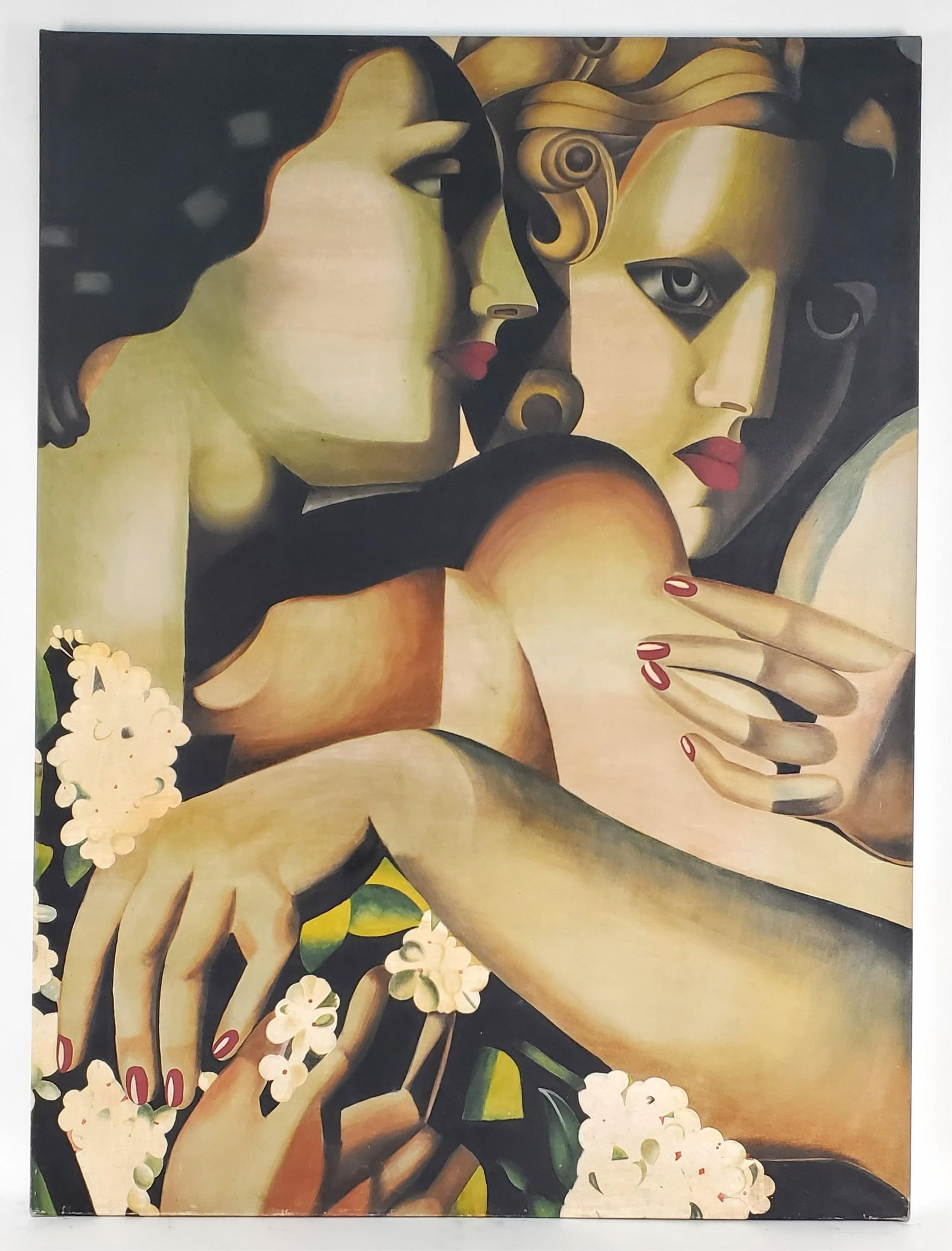 Style of Tamara De Lempicka (Polish, 1894-1980) Deux Femmes, Unsigned, Oil on Canvas, 55" x 41",: Style of Tamara De Lempicka (Polish, 1894-1980) Deux Femmes, Unsigned, Oil on Canvas, 55" x 41", unframed
