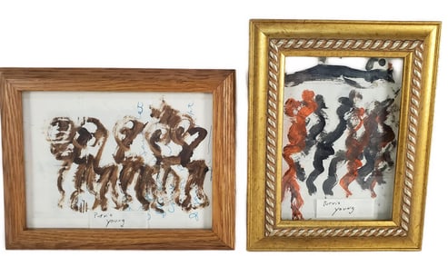 Purvis Young (American/Miami, 1943-2010) Two Paintings on Paper, 5 1/2" x 7" and 7" x 9", framed.
