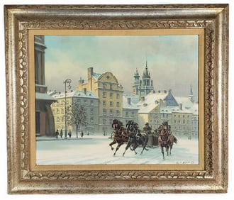 Georges Csapo (Hungarian/Polish, b.1910) Winter Scene with Troika and Palatial Buildings, Signed