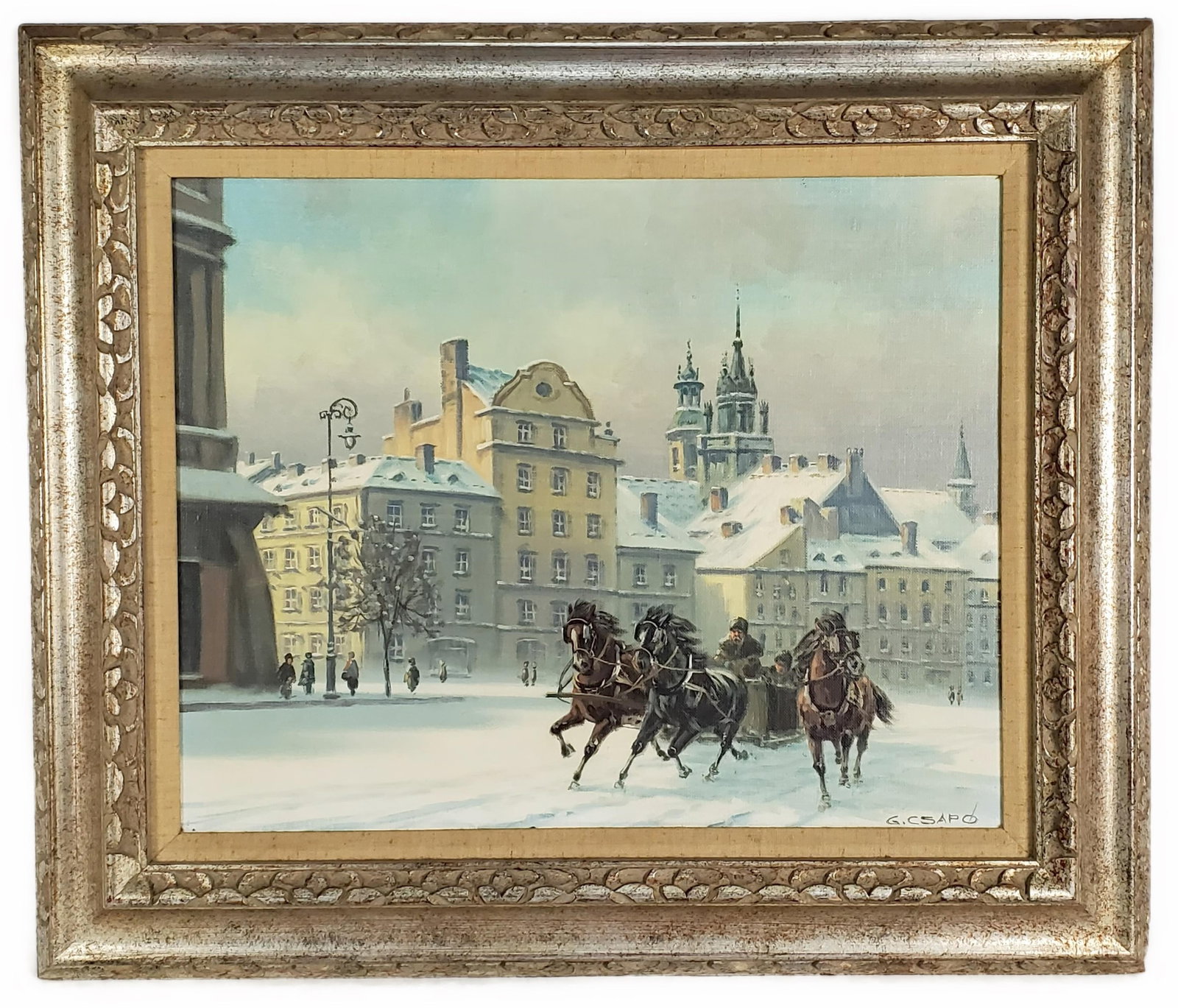 Georges Csapo (Hungarian/Polish, b.1910) Winter Scene with Troika and Palatial Buildings, Signed (1 of 6)