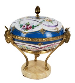Fine Sevres Style Neo-Classical Porcelain Lidded Potpourri Urn, hand painted with flowers and swags