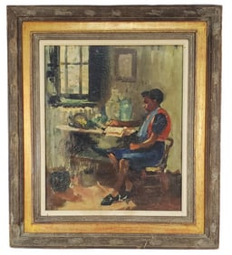 Early 20th Century Oil on Canvas Painting depicting a Black Lady Seated at Table Reading, No visible