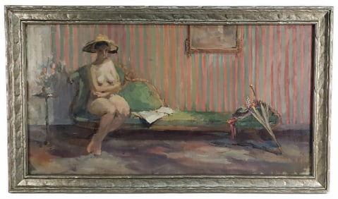 A 20th Century Oil on Canvas Painting, Nude on Divan, unsigned, 16" x 30", Framed-19 1/8" x 33 1/8"