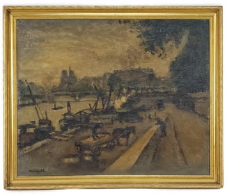 French School (Late 19th Century), Parisian Canal with Figures, Signed Marquet lower right, Oil on