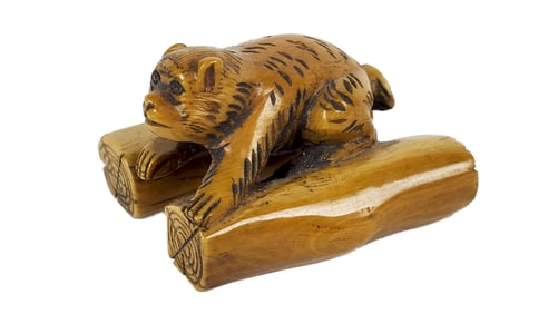 Japanese Cat on Two Logs Netsuke, underside marked, 1 1/2" x 1 1/4"