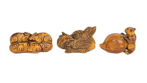 Three Japanese Carved Netsukes to include: Chicken , Two Rats on Peanuts, Rat with Chestnut, Each