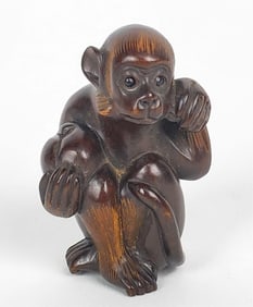 Japanese Carved Hardwood Netsuke of a Monkey, Signed underside, 2" x 1 1/4"