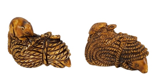 Two Carved Japanese Signed Netsukes, Rat and Turtle with rope cords, signed with incised mark,1 1/2"