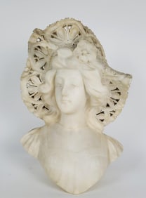 Italian 19th Century Carved Marble Bust of a Lady in Hat, Signed on back, 14 1/2" h.10" w.5" d.