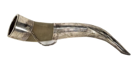 Antique Russian Silver Mounted Powder Horn, with cyrillic inscription and having a etched design