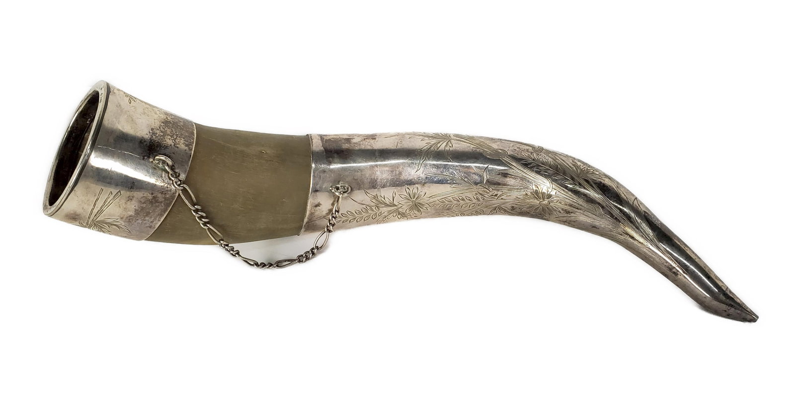 Antique Russian Silver Mounted Powder Horn, with cyrillic inscription and having a etched design (1 of 7)