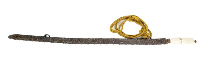 Asian Long Sword and Scabbard with intricate wirework design, bone handle, blade is heavily rusted,