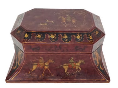 Chinese Lacquered Hinged Box with Figures on Horseback Motifs, 8 1/2" h.16" w. 11 1/2" d.