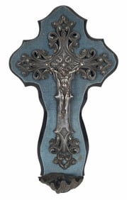 French Antique Metal Crucifix and Font, Overall-17 1/2" h. 9 1/2" w.