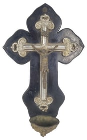 French Antique Metal Crucifix and Font, 14 1/4" h.9 1/4" w.